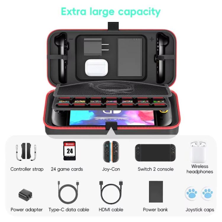 For Nintendo Switch 2 OIVO  Large-Capacity EVA Carrying Case With Built-In Stand, 24 Game Card Slots - Black Red