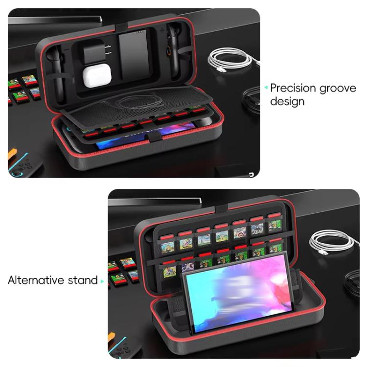 For Nintendo Switch 2 OIVO  Large-Capacity EVA Carrying Case With Built-In Stand, 24 Game Card Slots - Black Red