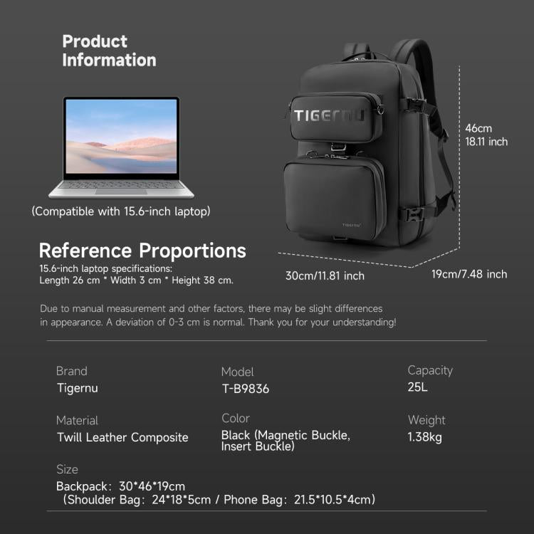 Tigernu T-B9836 3-in-1 Detachable Men Backpack Convertible Travel Laptop Bag for Sports & Commuting - Black