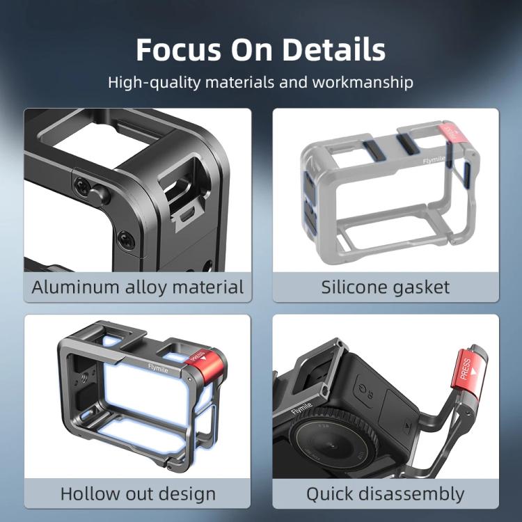 For DJI Action 5 Pro/Action 4/Action 3 Flymile Aluminum Alloy Camera Cage Protective Metal Frame - Metal Color
