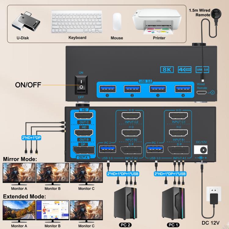 YOUTING YT-203HD 2 In 3 Out KVM USB3.0 Switch AU Plug