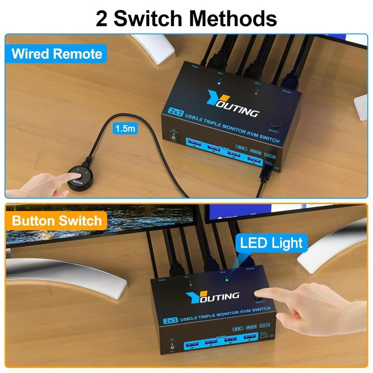 YOUTING YT-203HD 2 In 3 Out KVM USB3.0 Switch US Plug