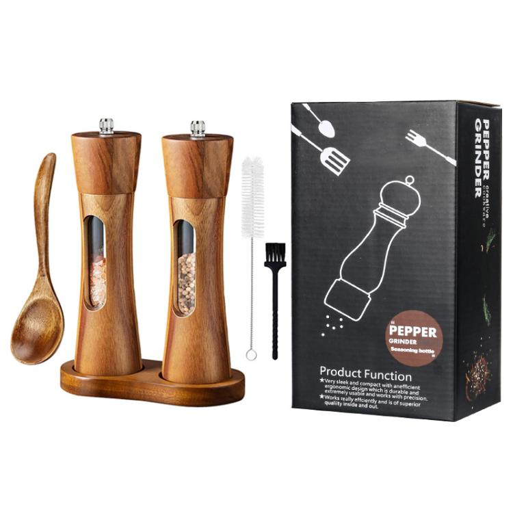 8 inch Acrylic Pepper Grinder Pagoda-shaped Wooden Kitchen Pepper Mill, Spec: Double+Base+Spoon+Steel Brush+Black Brush