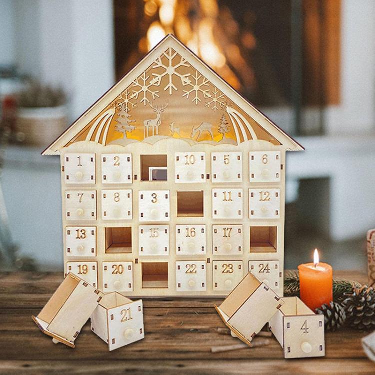 Wooden Christmas Decoration LED Lights 24-Day Countdown Calendar Ornament Gift Box