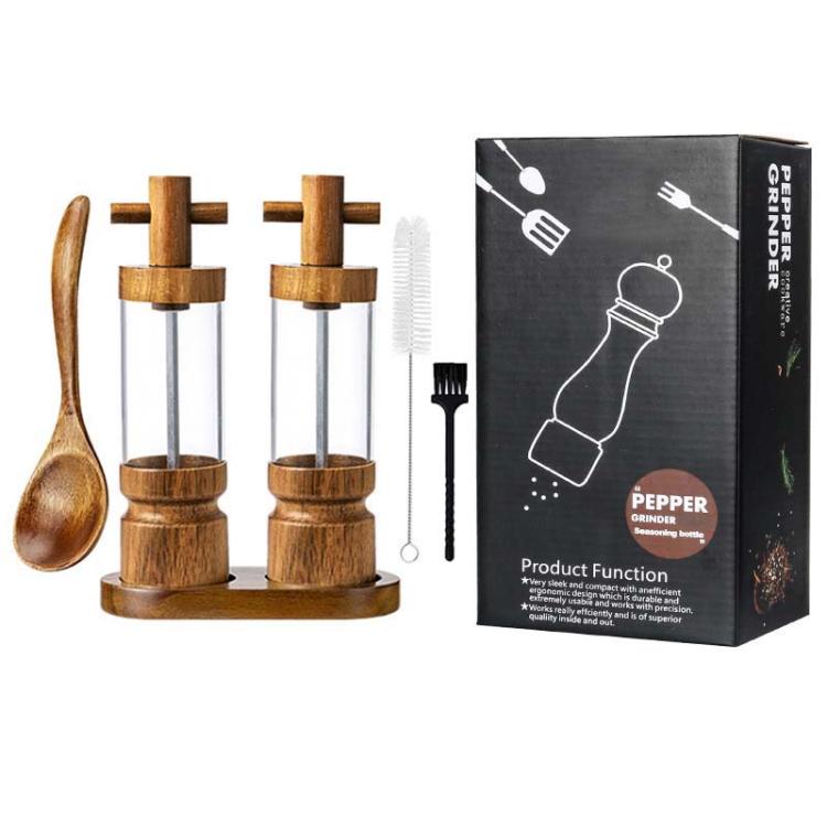 7 inch Manual Black Pepper Wood Grinder Transparent Acrylic Pepper Seasoning Bottle, Spec: Double+Base+Spoon+Steel Brush+Black Brush