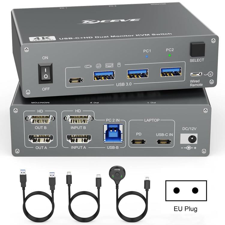 KVEVE KC-KVM202CH USB 3.0 Dual Monitor 4K 60Hz KVM Switch EU Plug