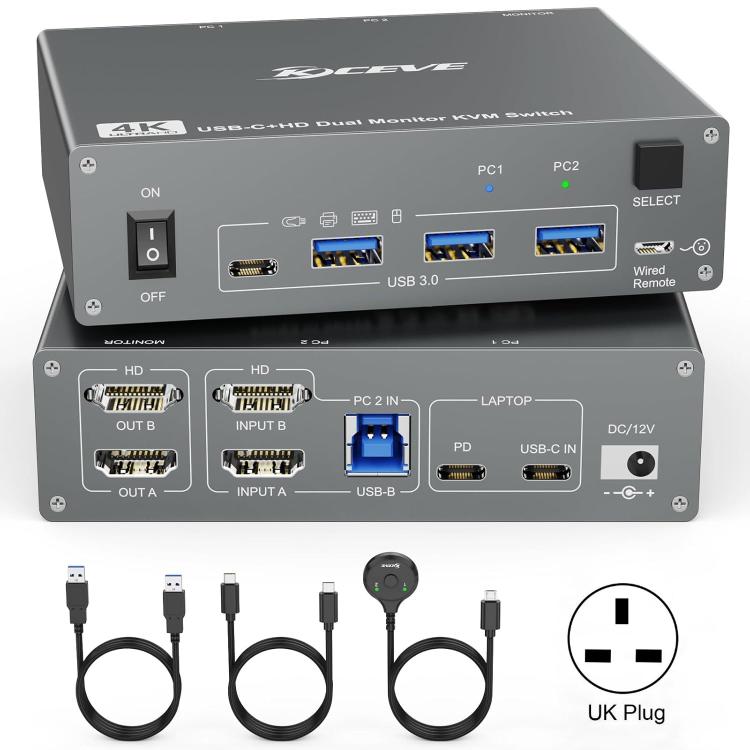 KVEVE KC-KVM202CH USB 3.0 Dual Monitor 4K 60Hz KVM Switch UK Plug