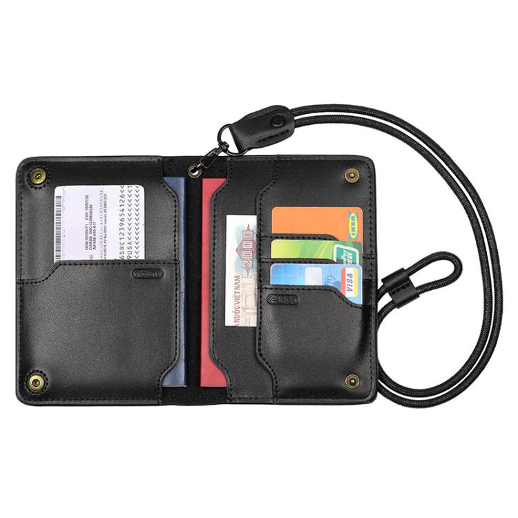 Genuine Leather Passport Card Holder ID/Boarding Pass Wallet with Card Slots & Ticket Pocket With Lanyard Black