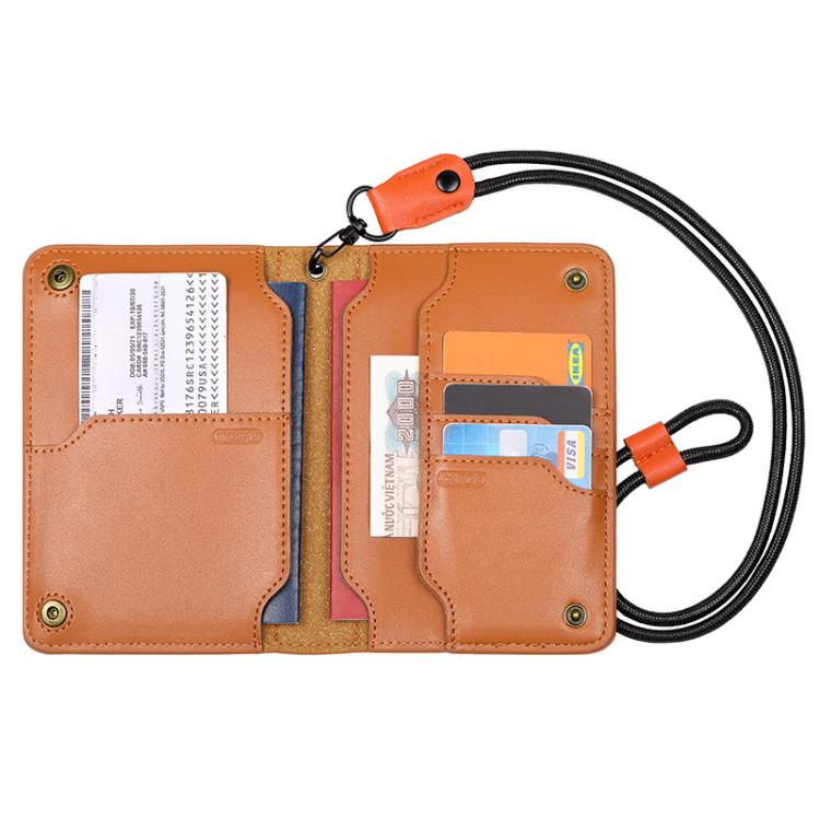 Genuine Leather Passport Card Holder ID/Boarding Pass Wallet with Card Slots & Ticket Pocket With Lanyard Brown