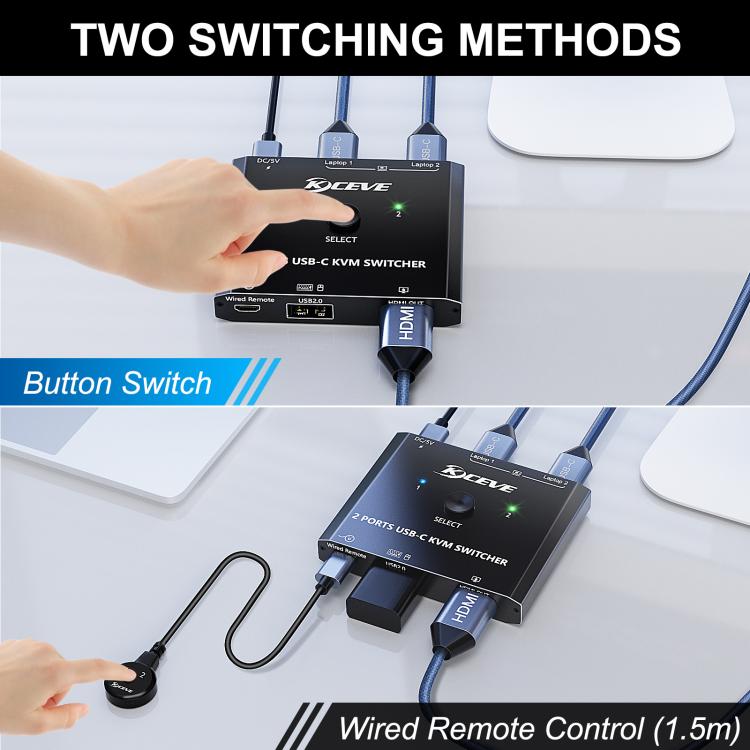 KCEVE KC-C201H 2 Type-C Input 1 Output KVM Switch Support 4K 60Hz