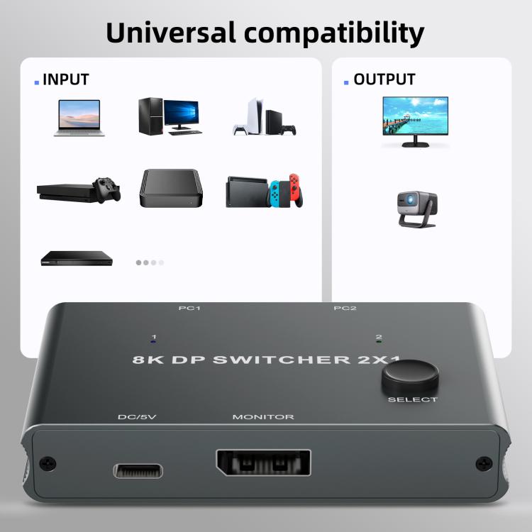 DP201 2 In 1 Out DisplayPort Switch 8K 30Hz HD Splitter For Computer Screen