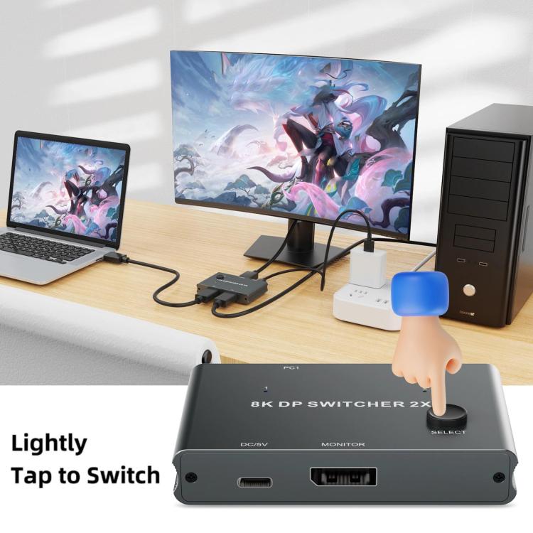 DP201 2 In 1 Out DisplayPort Switch 8K 30Hz HD Splitter For Computer Screen