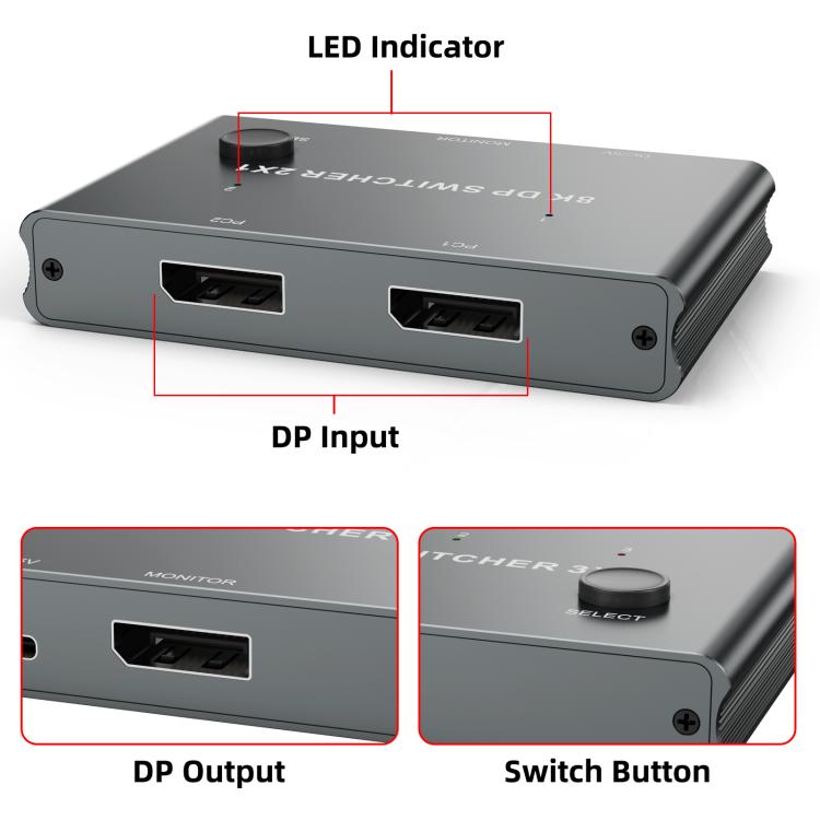 DP201 2 In 1 Out DisplayPort Switch 8K 30Hz HD Splitter For Computer Screen