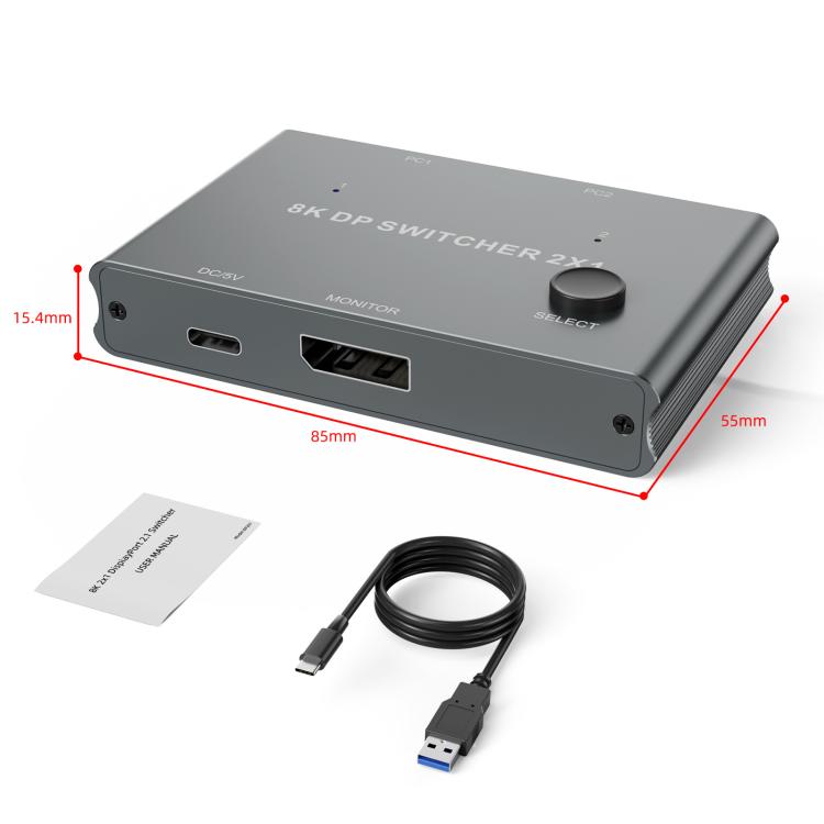 DP201 2 In 1 Out DisplayPort Switch 8K 30Hz HD Splitter For Computer Screen