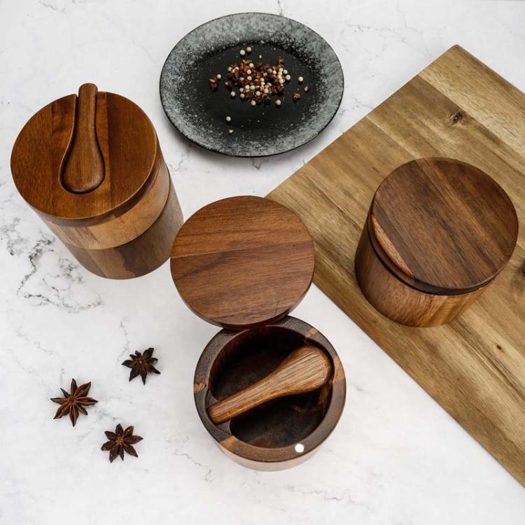 Double Layer Wooden Salt Jar Storage Box Seasoning Jar With Lid And Spoon