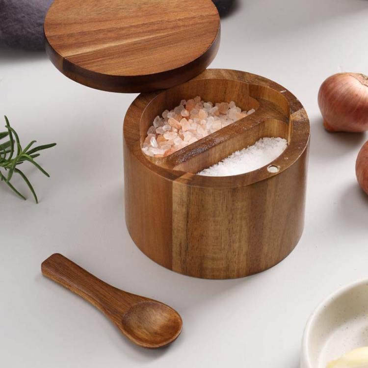 Double Layer Wooden Salt Jar Storage Box Seasoning Jar With Lid And Spoon