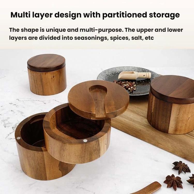 Double Layer Wooden Salt Jar Storage Box Seasoning Jar With Lid And Spoon