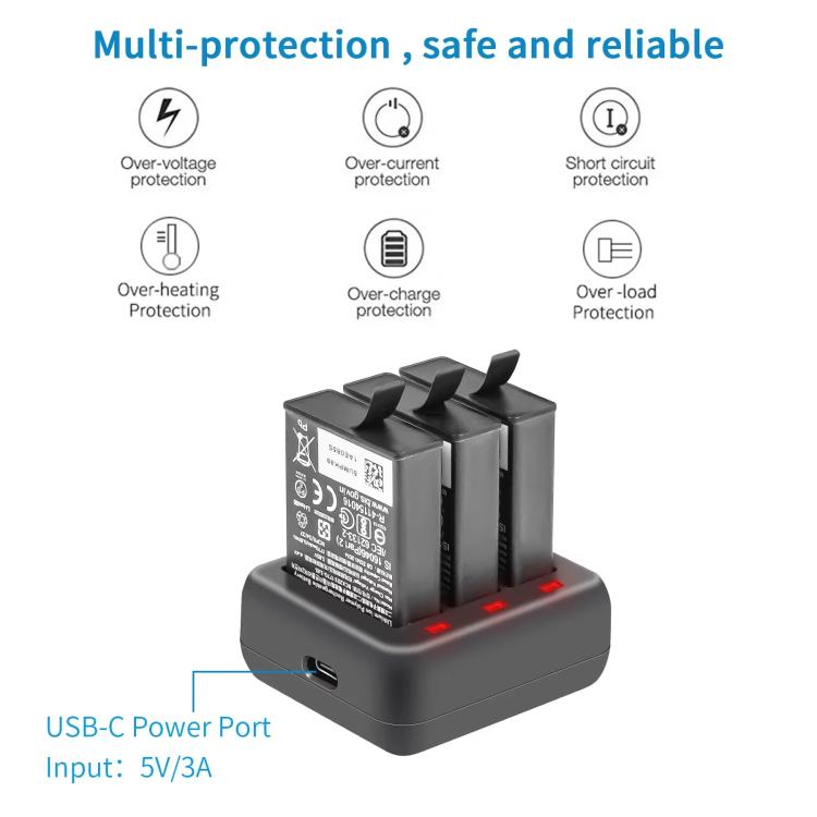 For DJI Osmo Action 4/Action 3 YX 3-Slot Battery Charger Hub Compact Charging Station - Black