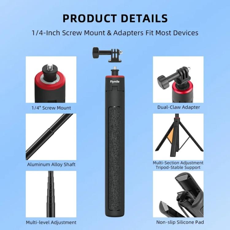 Flymile 1.6m Extendable Selfie Stick Tripod For Action Cameras One-Button Quick Setup Monopod With Wide-Angle View