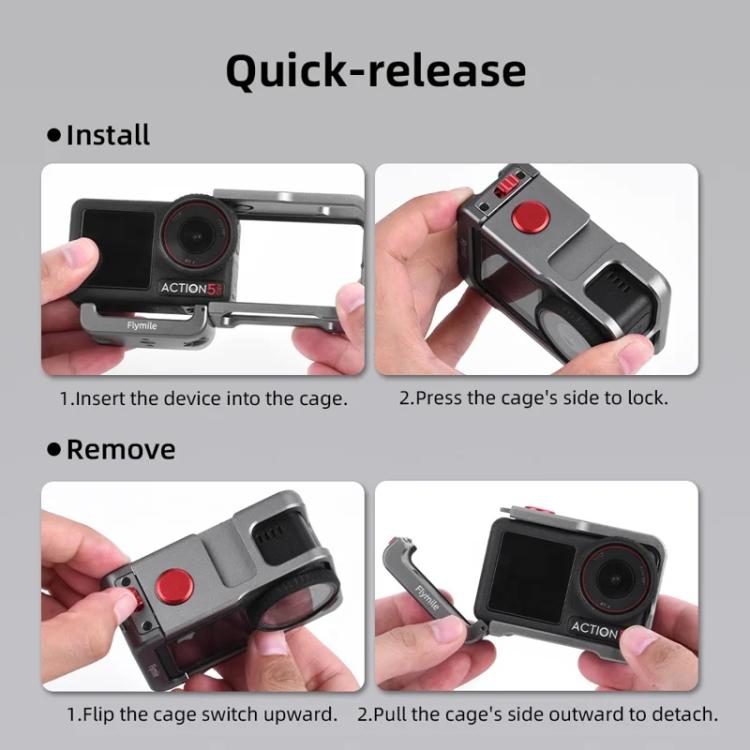 For DJI Osmo Action 5 Pro/4/3 Flymile Metal Protective Cage with Cold Shoe Mount - Metal Color