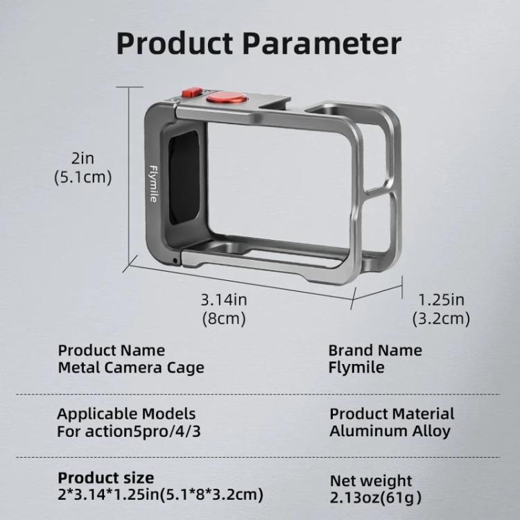 For DJI Osmo Action 5 Pro/4/3 Flymile Metal Protective Cage with Cold Shoe Mount - Metal Color