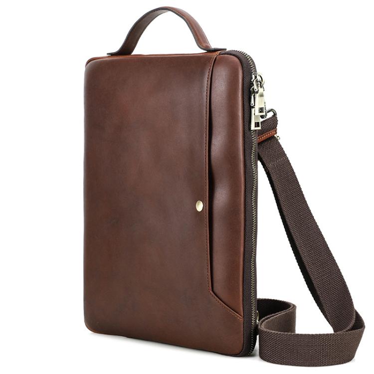 CONTACTS FAMILY 14.2 Inch Crazy Horse Leather Messenger Bag Vintage Crossbody Laptop Briefcase - Brown