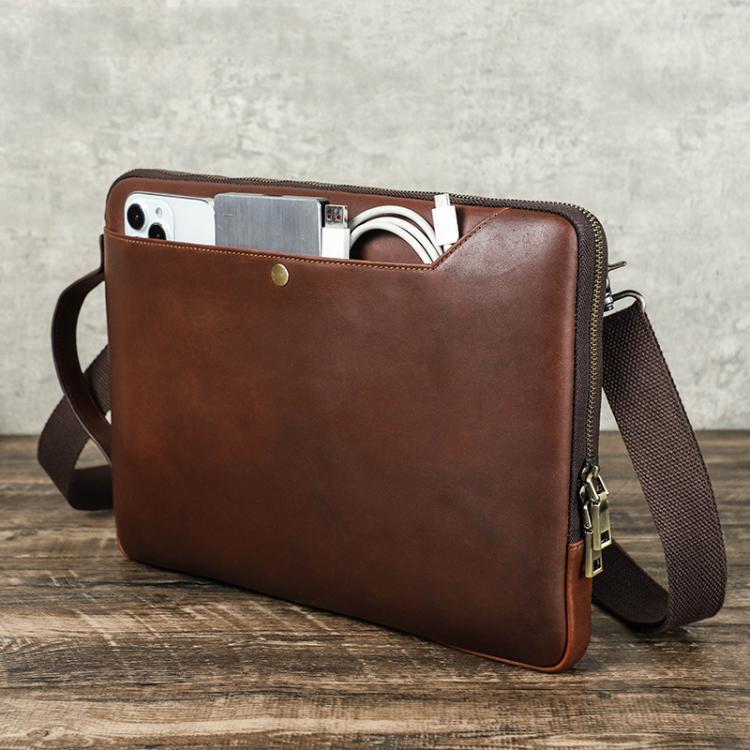 CONTACTS FAMILY 14.2 Inch Crazy Horse Leather Messenger Bag Vintage Crossbody Laptop Briefcase - Brown