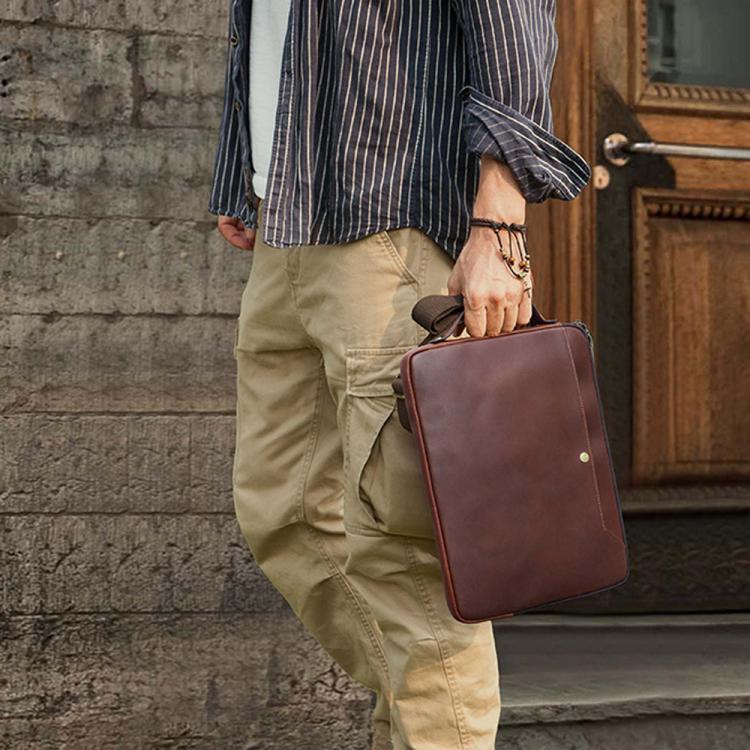 CONTACTS FAMILY 14.2 Inch Crazy Horse Leather Messenger Bag Vintage Crossbody Laptop Briefcase - Brown
