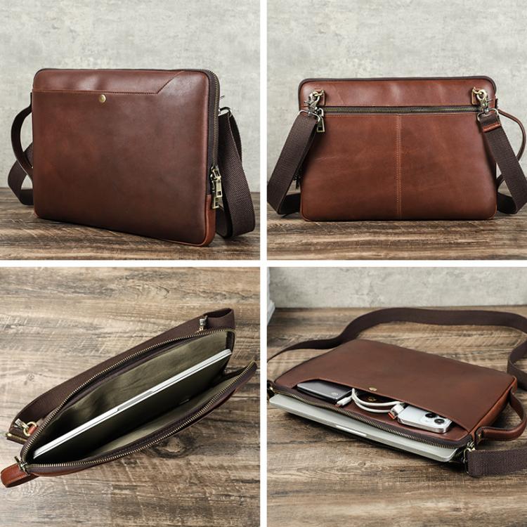 CONTACTS FAMILY 14.2 Inch Crazy Horse Leather Messenger Bag Vintage Crossbody Laptop Briefcase - Brown