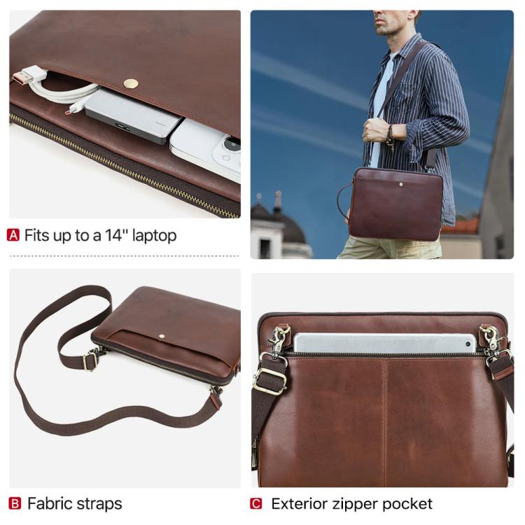 CONTACTS FAMILY 14.2 Inch Crazy Horse Leather Messenger Bag Vintage Crossbody Laptop Briefcase - Brown