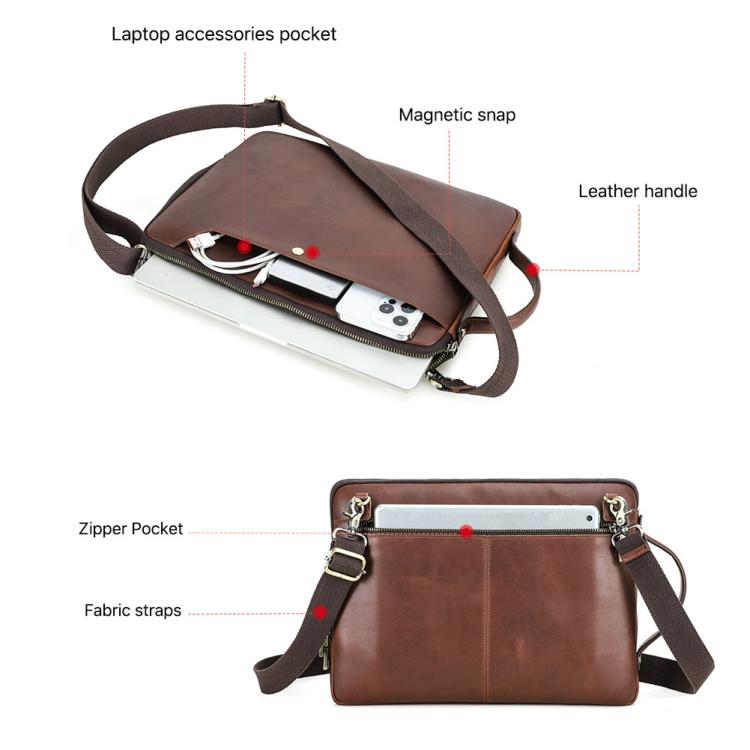CONTACTS FAMILY 14.2 Inch Crazy Horse Leather Messenger Bag Vintage Crossbody Laptop Briefcase - Brown