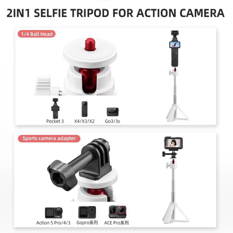 Flymile 15.8-30.8cm Tripod Selfie Stick for Action Cameras With 360-degree Adjustable Ball Head & Cold Shoe - White
