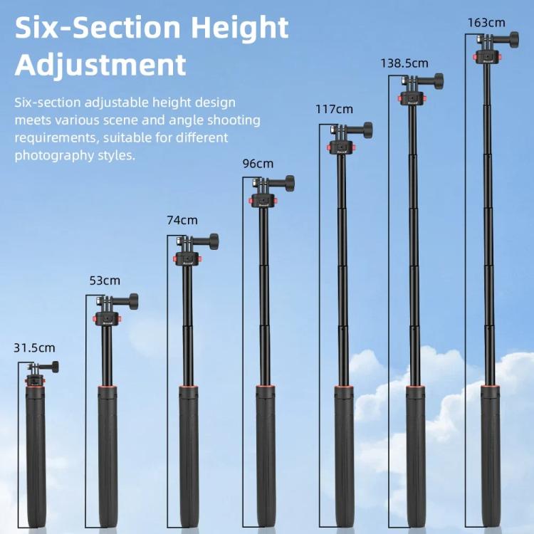Flymile 1.63m Magnetic Quick-Release Tripod Selfie Stick for Action Cameras for Vlogging, Outdoor Sports - Black