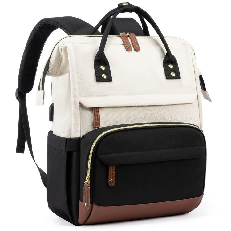 Women Business Laptop Backpack with USB Charging Port & Luggage Strap - Fits 15.6 Inch Laptop for Work, College, Office, and Commuting - Black White