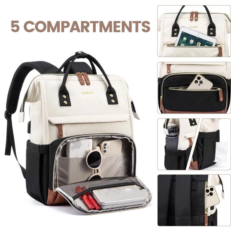 Women Business Laptop Backpack with USB Charging Port & Luggage Strap - Fits 15.6 Inch Laptop for Work, College, Office, and Commuting - Black White