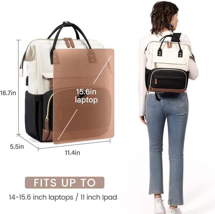 Women Business Laptop Backpack with USB Charging Port & Luggage Strap - Fits 15.6 Inch Laptop for Work, College, Office, and Commuting - Black White