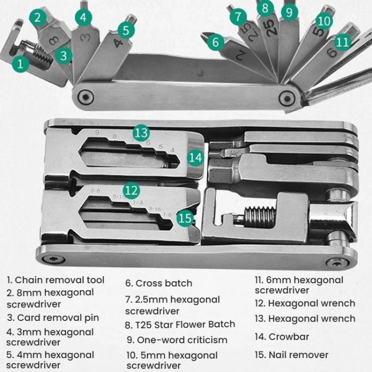 Bicycle 15 In 1 Repair Tool Chain Wrench - Silver