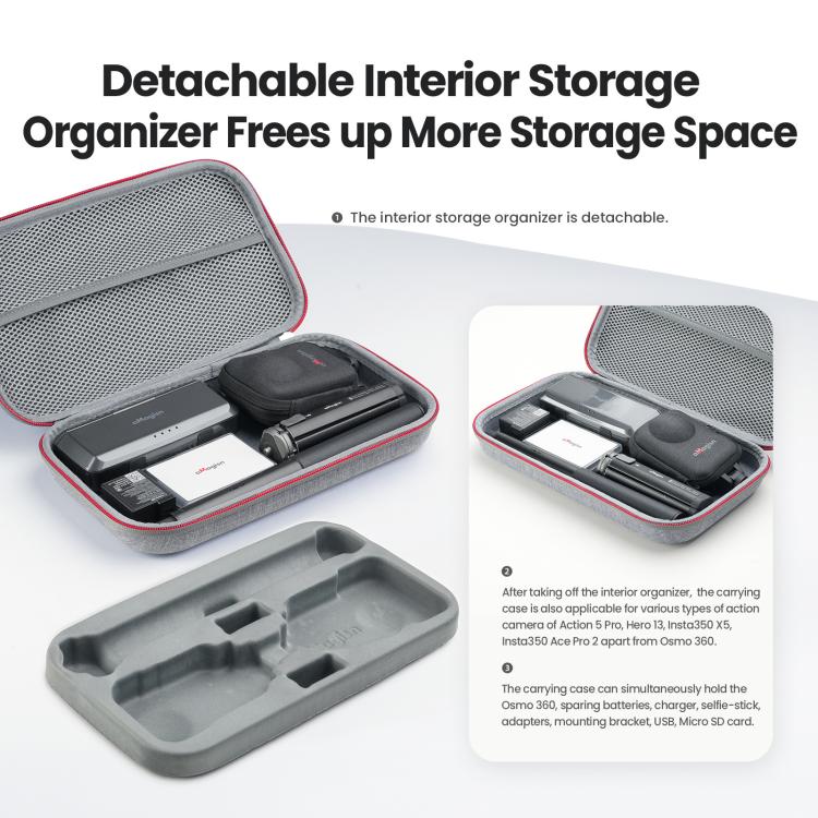 For DJI Osmo 360 aMagisn Mid-Size Storage Case Durable Organizer Bag With Detachable Inner Tray - Gray