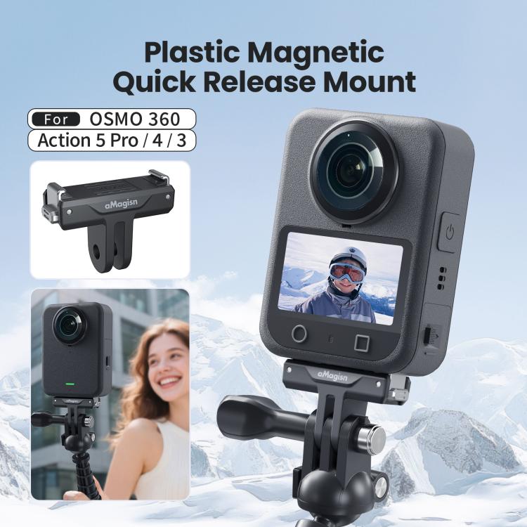 For DJI Osmo 360/Action 5 Pro/4/3 aMagisn Magnetic Quick-Release Adapter Plastic Snap-On Base - Black