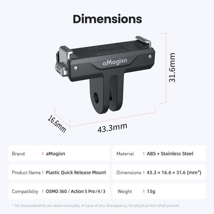 For DJI Osmo 360/Action 5 Pro/4/3 aMagisn Magnetic Quick-Release Adapter Plastic Snap-On Base - Black