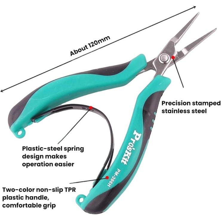 ProsKit PM-396H Stainless Steel Non-Toothed Flat-Nose Pliers Precision Electronic Flat-Jaw Pliers - Green