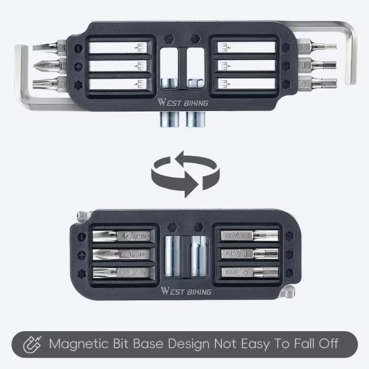 WEST BIKING 10-in-1 Bicycle Repair Tool Kit Bike Multi-Tool with Hex Keys, Adapter Socket Set, SL4/PH1/T25 Bits - Black