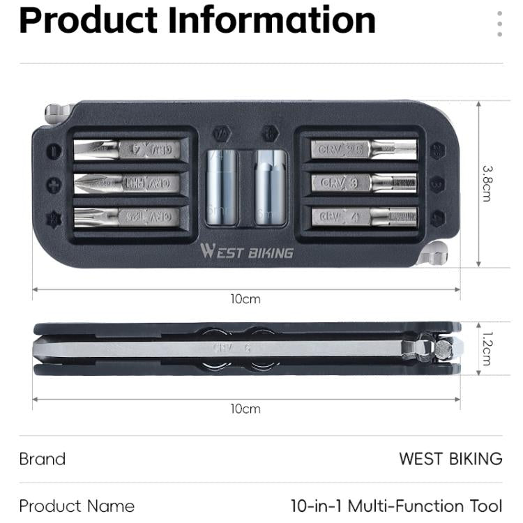 WEST BIKING 10-in-1 Bicycle Repair Tool Kit Bike Multi-Tool with Hex Keys, Adapter Socket Set, SL4/PH1/T25 Bits - Black