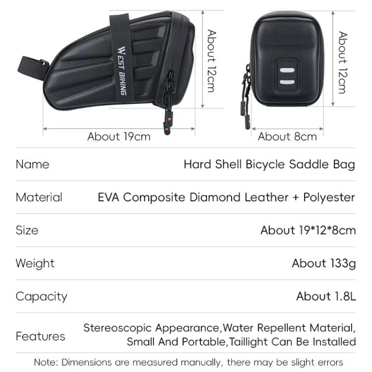 WEST BIKING Hard Shell Bike Saddle Bag Cycling Seat Pack with Reflective Strips & Tail Light Mount - Black