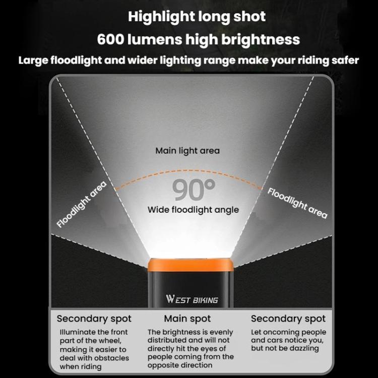 WEST BIKING YP0701473 Bicycle Night Riding High-Brightness Aluminum Alloy Headlight Mountain Road Bike Cycling Flashlight - Black Orange
