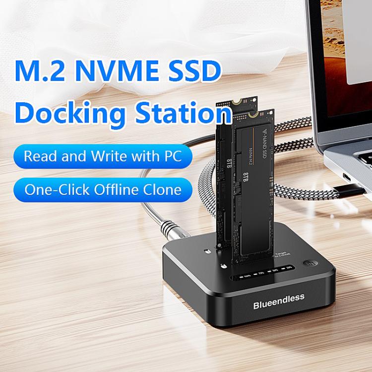 Blueendless SD08A M.2 NVMe SSD Docking Station Dual-Bay USB 3.2 Gen2 10Gbps External Drive Enclosure With One-Key Offline Clone Function US Plug