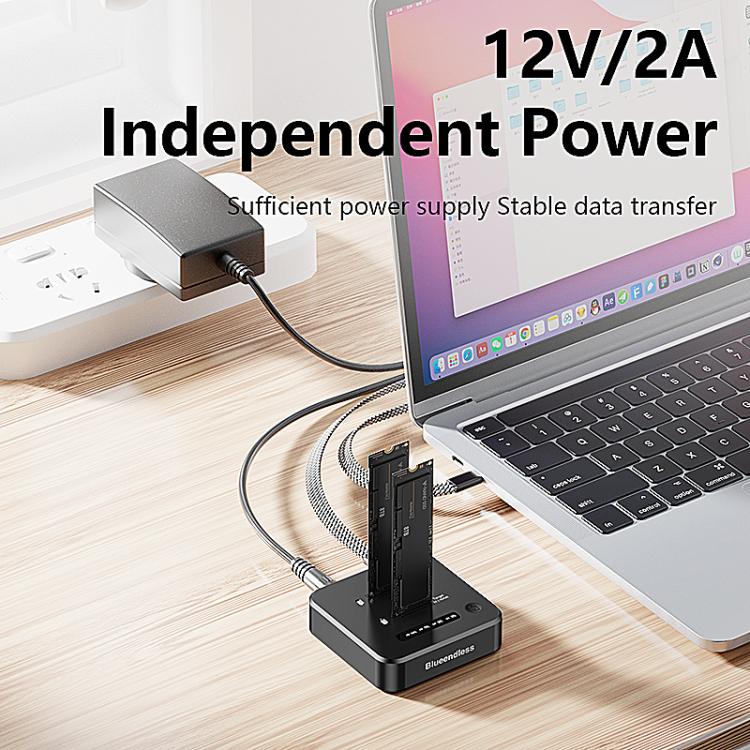 Blueendless SD08A M.2 NVMe SSD Docking Station Dual-Bay USB 3.2 Gen2 10Gbps External Drive Enclosure With One-Key Offline Clone Function US Plug