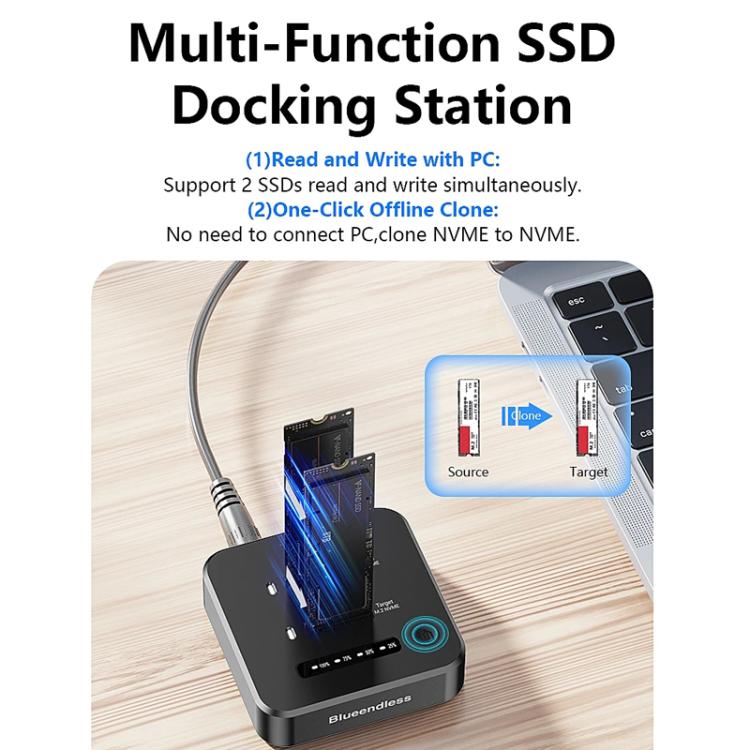 Blueendless SD08A M.2 NVMe SSD Docking Station Dual-Bay USB 3.2 Gen2 10Gbps External Drive Enclosure With One-Key Offline Clone Function EU Plug