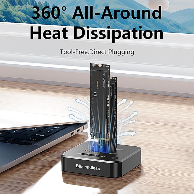 Blueendless SD08A M.2 NVMe SSD Docking Station Dual-Bay USB 3.2 Gen2 10Gbps External Drive Enclosure With One-Key Offline Clone Function US Plug