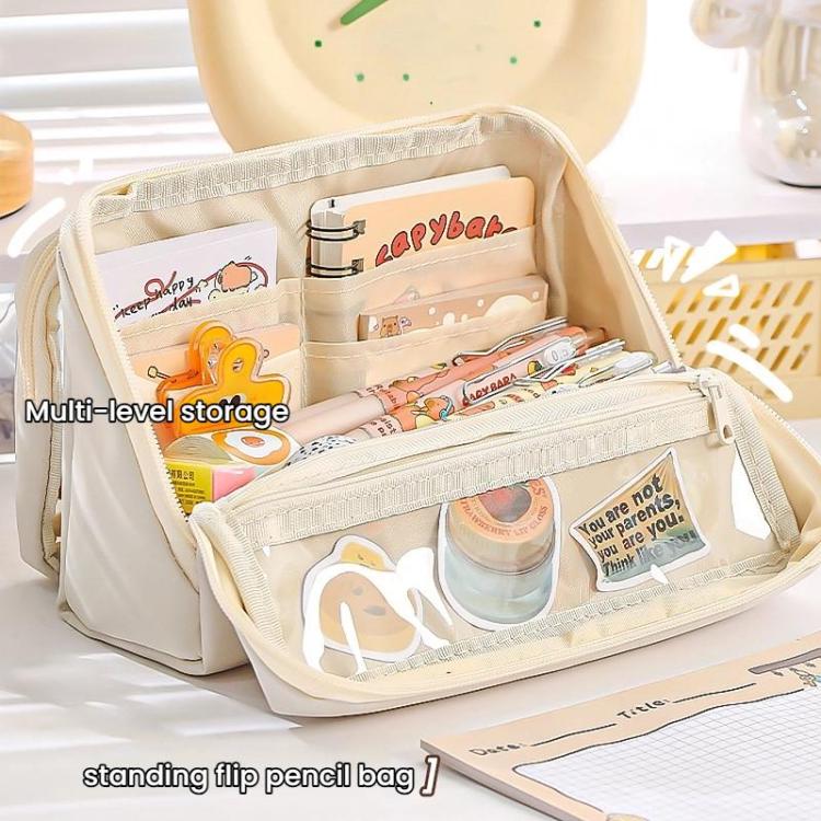 Large Capacity Pen Pouch With Detachable Transparent Layer Simple Stationery Pouch For Students